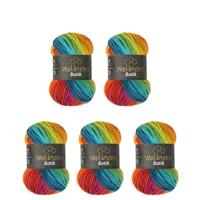 Abbildung von 5 x 100g Wollbiene Batik 500 Gramm Wolle mit Farbverlauf mehrfarbig Multicolor Strickwolle Häkelwolle (2060 beere orange grün türkis)