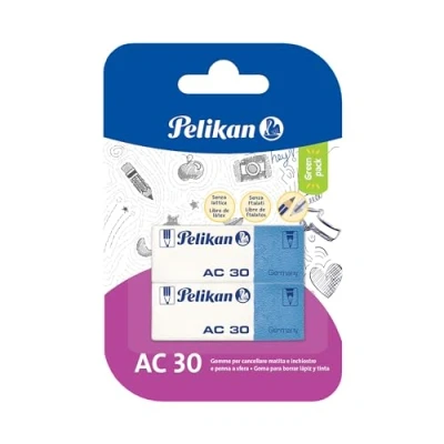 Abbildung von Pelikan 24005999 Radiergummis, Gummi AC 30, weiß und blau, geeignet für technische schulische Zeichnungen, Bleistift Tinte, Blister mit 2 Stück,