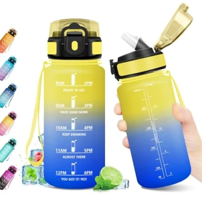 Abbildung von Trinkflasche 500ml, Sport Wasserflasche BPA frei, Auslaufsicher, mit Strohhalm &amp; Zeitmarkierung, Ideal für Gym, Yoga, Camping, Fahrrad, Schule, Büro, Erwachsene, Kohlensäure geeignet