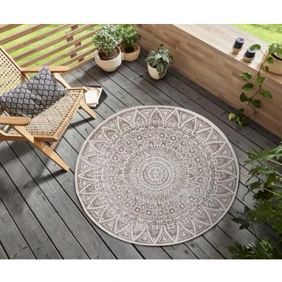 Abbildung von freundin Home Collection Nora In &amp; Outdoor Teppich Rund Wendeteppich Wetterfest Modernes Design Runder für Balkon Terrasse Wintergarten Badteppich Wohnzimmerteppich, Grau Creme, 140cm