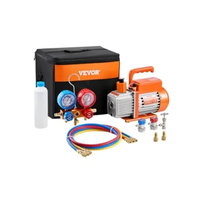 Abbildung von VEVOR 3,5 CFM AC Vakuumpumpe &amp; Manometer Set, einstufige Drehschieber HVAC Luftvakuumpumpe, A/C Kältemittelverteiler Kit, für Kältemittel R134a, R12, R22, R502a, R410A, R404, R407C
