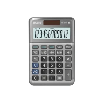 Abbildung von Casio Tischrechner MS 120FM, 12 stellig, Steuerberechnung, Cost/Sell/Margin, Aluminiumfront, Vorzeichenwechsel, Solar/Batteriebetrieb