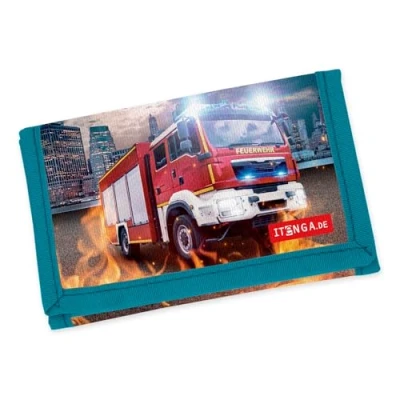 Abbildung von itenga Kinder Geldbörse Geldbeutel und Brustbeutel mit Klettverschluss, Kordelband, Geldscheinfach Münzfach Sichtfenster für Mädchen Jungen (Motiv Feuerwehr)