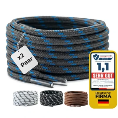 Abbildung von LaceHype 2 Paar Premium Runde Schnürsenkel [ Ø4,5 mm ] Polyester für Arbeitsschuhe, Stiefel, Outdoorschuhe und Sportschuhe reißfeste Schuhbänder (Dunkelgrau/Blau, 150cm)