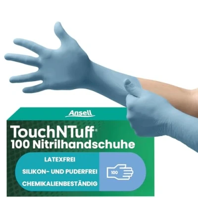 Abbildung von Ansell TouchNTuff 92 665 Nitril Einweghandschuhe Puderfrei, Professionelle Schutzhandschuhe für Chemie und Mechanik, Lebensmittel Einmalhandschuhe, Latexfrei, Blau, Größe S (100 Handschuhe)