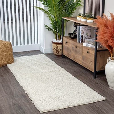 Abbildung von Surya Home Shaggy Berber Teppich Läufer Flauschiger für Wohnzimmer, Schlafzimmer, Langflor Hochflor Weiss flauschig 80x220 cm Flur in Weiß