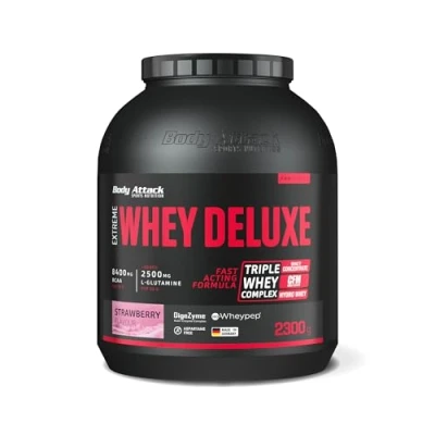 Abbildung von Body Attack EXTREME Whey DELUXE Strawberry Cream 2,3 kg Made in Germany Triple Complex Gut lösliches Protein Pulver mit EAAs und B Vitaminen Low Sugar, Fat