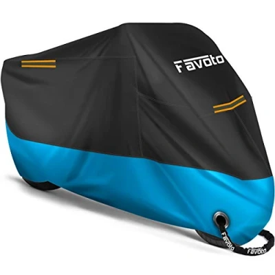 Abbildung von Favoto Verbesserte Version Wasserdicht Motorradabdeckung Motorrad Abdeckplane Outdoor Motorradgarage Motorroller Abdeckung Winddicht mit 2 Gürtelschnalle Schwarz Blau 265cm x 105cm 125cm