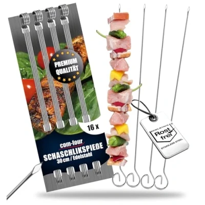 Abbildung von com four® 16x Schaschlikspieße 30 cm aus Edelstahl Lange Fleischspieße Premium Grillspieße, Gemüsespieße im Set für BBQ, Grill, Fleisch, Schaschlik und Gemüse (30cm 16 Stück)