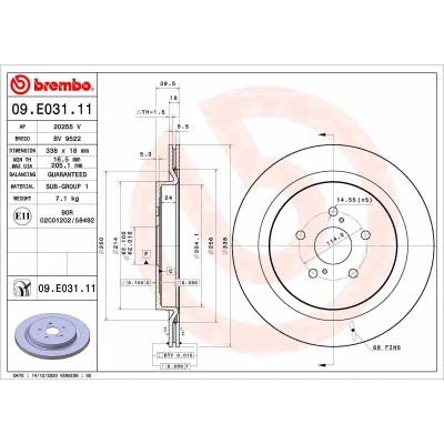 Abbildung von BREMBO 09.E031.11 Bremsscheibe 338 18 5 innenbelüftet beschichtet LEXUS: RX IV