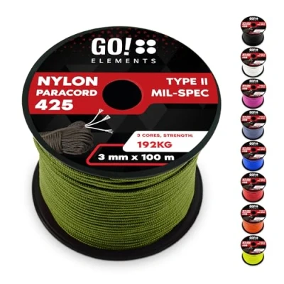 Abbildung von GO!elements 100m Paracord Seil aus reißfestem Nylon 3mm 425 Typ II max. 192kg Schnüre als Outdoor Seil, Allzweckseil, Survival Armband, Hundeleine, Nylonschnur, Farbe:Oliv