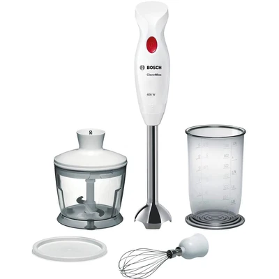 Abbildung von Bosch Stabmixer CleverMixx MSM24500, Edelstahl Mixfuß, Mix und Messbecher, Schneebesen, leichtes Gehäuse, 4 Klingen Messer, einfache Reinigung, 400 W, weiß/rot