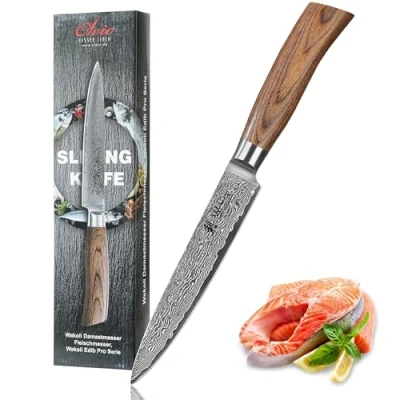 Abbildung von Wakoli EDIB Pro Premium Damast Fleischmesser und Tranchiermesser mit 17 cm Klinge gefertigt aus 67 Lagen echtem Damaststahl Pakkaholzgriff I Damastmesser Küchenmesser Profi Kochmesser