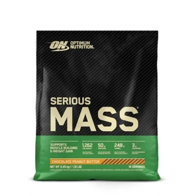 Abbildung von Optimum Nutrition Serious Mass hochkalorisches Proteinpulver für Masseaufbau mit 25 Vitaminen und Mineralien, Kreatin Glutamin, Schoko Erdnussbutter Geschmack, 16 Portionen, 5,45 kg