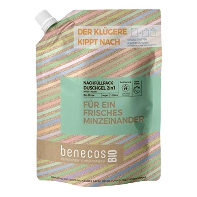 Abbildung von benecosBIO Nachfüllbeutel Duschgel 2in1 BIO Minze Haut &amp; Haar FÜR EIN FRISCHES MINZEINANDER vegan recyceltes Plastik