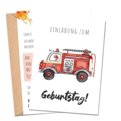 Abbildung von MeinBaby123® 10 Einladungskarten Kindergeburtstag Jungs süße Geburtstagseinladungen für Kinder Feuerwehr inkl. Briefumschläge Premium Qualität (Feuerwehr V1)