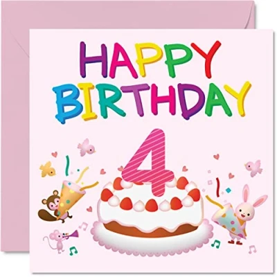 Abbildung von 4. Geburtstagskarte für Mädchen Critter Party Happy Karte 4 Jahre altes Geburtstagskarten sie 145 mm x Grußkarte Tochter Nichte Enkelin Kinder