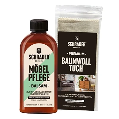 Abbildung von SCHRADER Möbel Pflege Balsam Set Pflegemittel für lackierte Holzoberflächen mit Poliertuch 2 teilig Made in Germany