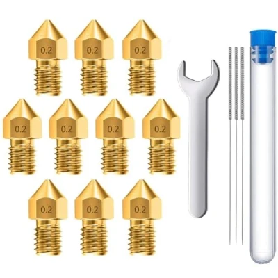 Abbildung von MMOBIEL 10 Stück Extruder für 3D Druckerdüsen, 0.2 mm, Messing MK8, kompatibel mit Creality Baureihe Ender 3, 5, CR 10/10S, Makerbot, inkl. 3 Reinigungsnadeln und Schraubenschlüssel