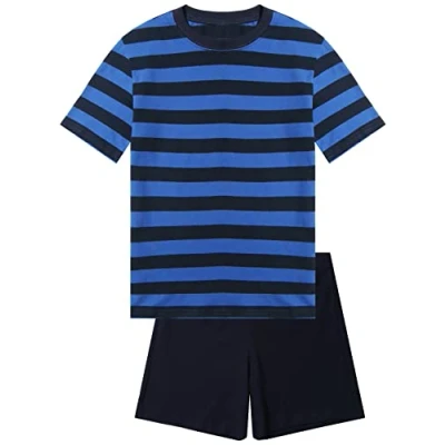 Abbildung von Jungen Schlafanzug kurz, weicher Single Jersey aus 100% Baumwolle und Hose in Bermuda Form gestreift, dunkelblau Grösse 164