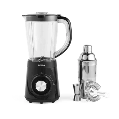 Abbildung von Petra PT5619VDE Cocktailmixer Set Standmixer mit Cocktailshaker, Zubehör, 2 Geschwindigkeiten &amp; Pulse Funktion, Edelstahlklinge, Sperren/Entsperren, Herstellung von Punches/Smoothies, 1,5L, 500W