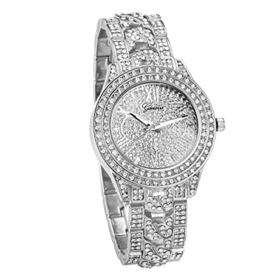 Abbildung von JewelryWe Uhr Damen Herren Elegant Armbanduhr mit Strass Glitzer Metallarmband Analog Quarz Muttertag Silber