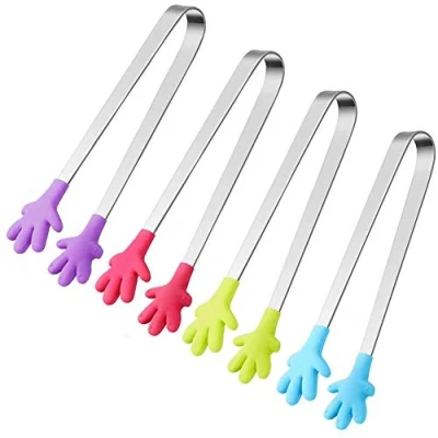 Abbildung von HAKACC 4 Stück Mini Zuckerzange Essen Clip, Multifunktionale Zange Zuckerzangen Silikon Edelstahl Eiszange für BBQ Süßes Eiswürfel Salat