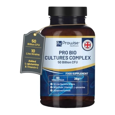 Abbildung von Komplexe Probiotika und Präbiotika von Bio Cultures 50 Milliarden KBE 10 lebende Bakterienstämme ergänzt mit Inulin, L Glutamin Vitamin C 60 Kapseln