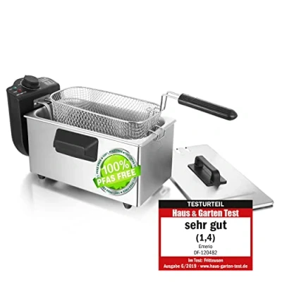 Abbildung von Emerio 3.0L Öl Fritteuse mit Kaltzonen Technologie, &quot;sehr gut 1.4&quot; getestet von Haus &amp; Garten 06/2019, kein bitterer Geschmack mehr, Kaltzonenfritteuse 2000 W, Tank aus Edelstahl, BPA frei