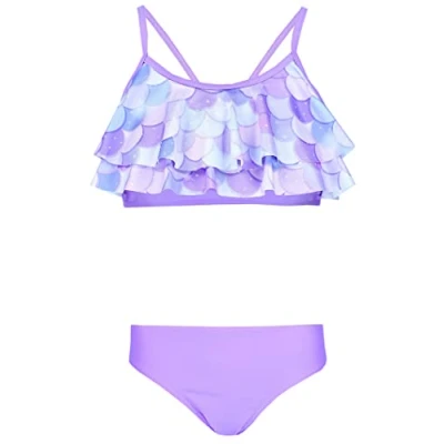 Abbildung von Aquarti Mädchen Bikini Set Bustier Bikinislip Zweiteiliger Badeanzug, Farbe: 030F mit Rüschen/Meerjungfrau Violett/Lila, Größe: 146