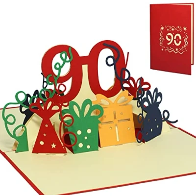 Abbildung von LINPOPUP® Pop Up Karte 90 Geburtstag, 3D Geburtstagskarte mit Umschlag, Happy Birthday Gutscheinkarte zum Geschenk für Frau, Kollegin, Jubiläum, Oma, Zahl rot, N232