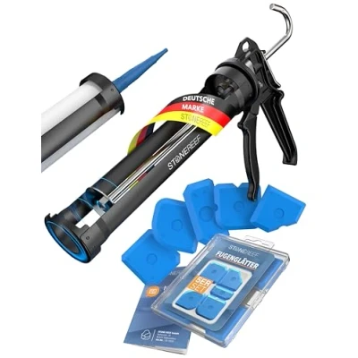 Abbildung von 9 Kartuschenpistole Set [inkl. 5 Fugenglätter] Profi Kartuschenpresse für Silikone Robuste Metall Auspresspistole präzises und einfaches Arbeiten