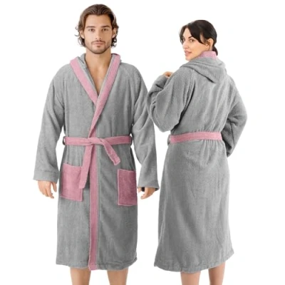 Abbildung von HOMELEVEL Frottee Bademantel 100% Baumwolle Frauen Männer Damen und Herren in Hellgrau/Altrosa, 4XL