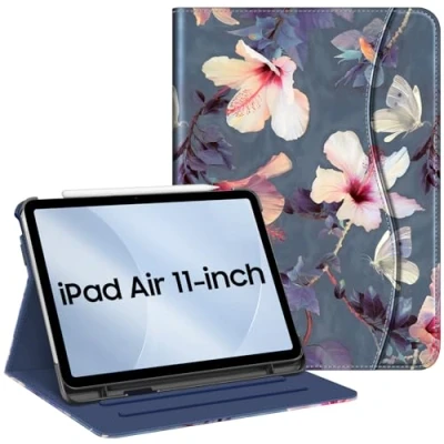 Abbildung von Fintie Hülle für iPad Air 11 Zoll M2 (2024), 5. Generation (2022) / 4. Gen 10,9 Zoll, Multi Winkel Betrachtung Folio Stand Schutzhülle Case Cover mit Dokumentschlitze, Hibiskus