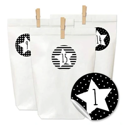 Abbildung von Papierdrachen Adventskalender zum Befüllen und Basteln 24 weiße Papiertüten, Zahlenaufkleber Holzklammern Motiv Schwarze Sterne für Kinder Erwachsene Set Nummer 30