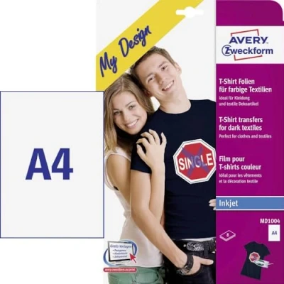 Abbildung von AVERY Zweckform MD1004 8 Textilfolien, T Shirt selbst gestalten, bedrucken (Bügelfolie, farbige Textilien, DIN A4, bedruckbare Folie zum Aufbügeln, Transferfolie für Inkjet Drucker)
