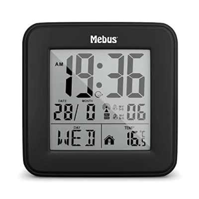 Abbildung von Mebus digitaler Funk Wecker mit Thermometer, Beleuchtung und Kalender, kompakt &amp; stabil/Farbe: Schwarz/Modell: 25595