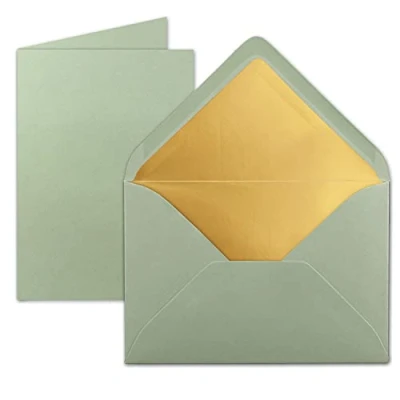 Abbildung von FarbenFroh by GUSTAV NEUSER 10 Sets Faltkarten DIN A5 Eukalyptus (Grün) mit Umschläge C5 Gold Metallic Futter 14,8 x 21 cm
