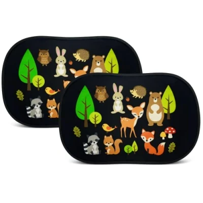 Abbildung von HECKBO 2X Auto Sonnenblende mit 8 Saugnäpfen Waldtiere Tiere Motiv 48x31cm Fenster Seitenfenster Sonnenschutz Autosonnenblende Seitenscheibe Tasche für Baby Kinder Mädchen Jungen