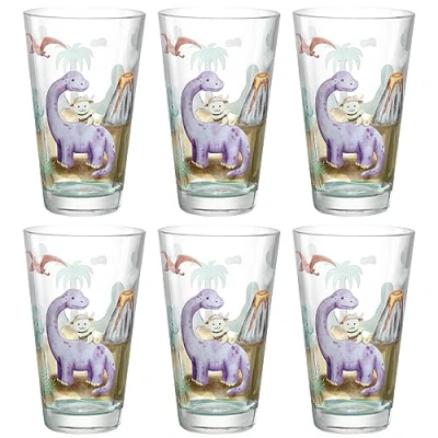 Abbildung von LEONARDO Bambini Avventura Trinkbecher Set 6 teilig Kindergläser mit Motiv aus hochwertigem Glas Größe L, Inhalt 300 ml Spülmaschinengeeignet, robust 6er Dino, 044422
