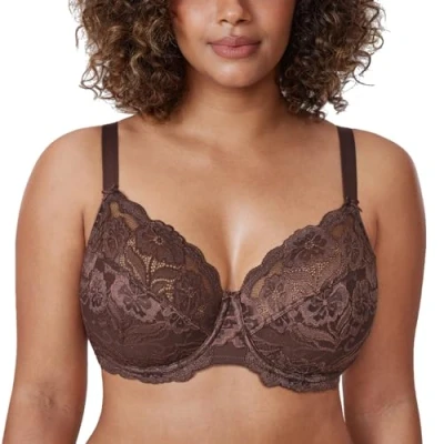 Abbildung von DELIMIRA Damen Vollschalen BH ungefütterte Spitze Tüll Cup,mit Bügel Taupe 80K