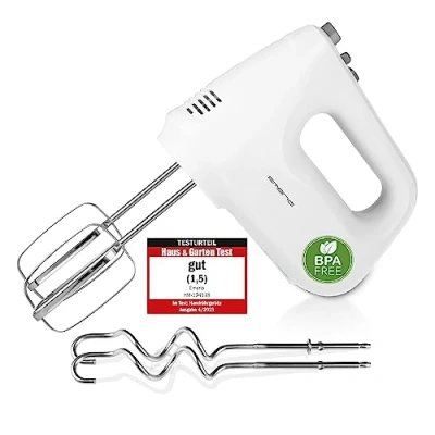 Abbildung von EMERIO elektrischer Handmixer Handrührer Mixer Handrührgerät mit 250 Watt 6 Geschwindigkeiten &amp; Turbotaste extra lange Schneebesen + Knethaken aus Edelstahl (geschirrspülgeeignet) BPA frei HM 124178