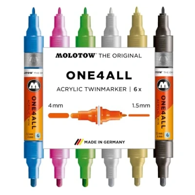 Abbildung von Molotow One4All Acrylic Twin Marker Metallic Set (1,5 und 4,0 mm Strichstärke, hochdeckend permanent, schnell trocknend, nachfüllbar, für fast alle Untergründe) 6 Stück sortiert