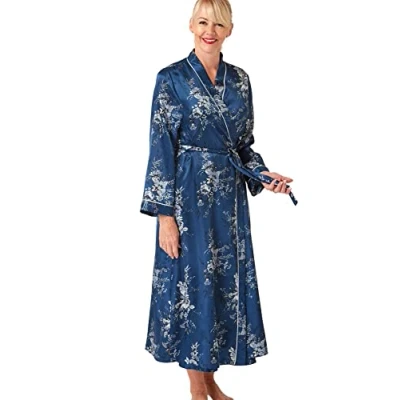 Abbildung von Marlon Damen Vara Piped Floral Printed Satin Long Robe Bademantel, ozeanblau, 38