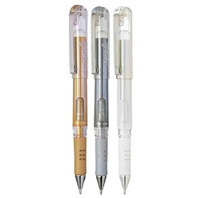 Abbildung von Pentel farblich sortiert, Hybrid Gel Grip DX Metallic Gelschreiber, Breite 1 mm Spitze, 0,5 Strichbreite Geltinte K230 WO Farben 3 Stück in weiß, Gold, und Silber