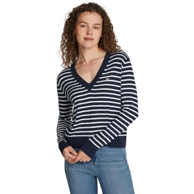 Abbildung von Tommy Jeans Damen Pullover V Ausschnitt, Mehrfarbig (Navy / White Stripe), M