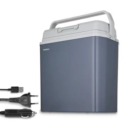 Abbildung von MEDION Mobile Kühlbox mit Wärmefunktion (elektrisch, 2in1 Kühlen und Wärmen, 20 Liter, Tragegriff, 3in1 Anschluss 5V USB, 230V &amp; 12V KFZ Adapter, für Auto LKW Camping Urlaub Garten Festivals, MD13011)