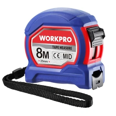 Abbildung von WORKPRO Maßband 8m, 25mm Bandmaß professionell einziehbar, Massband metall mit Lanyard, Metallgürtelclip und Feststeller