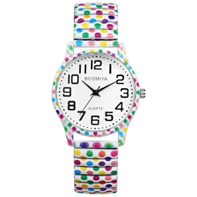 Abbildung von JewelryWe Damenuhr Boho Elastische Uhr: Bohemian Stil Bunte Polka Dots Punkte Analog Quarz Armbanduhr Damen Stretch Armband Lässige Uhr mit Edelstahl Zugarmband &amp; großen Zahlen Zifferblatt