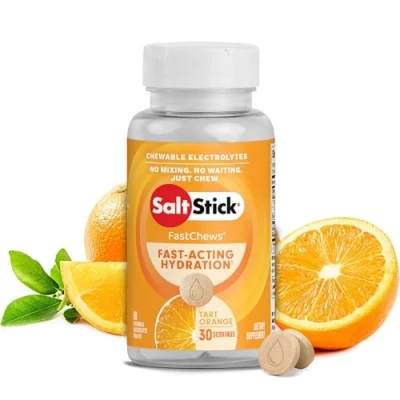 Abbildung von SaltStick Fastchews Orange 60 Elektrolyt Kautabletten mit Salz, Mineralstoffen (Natrium, Kalium, Calcium, Magnesium) und Kohlenhydraten, 99 g